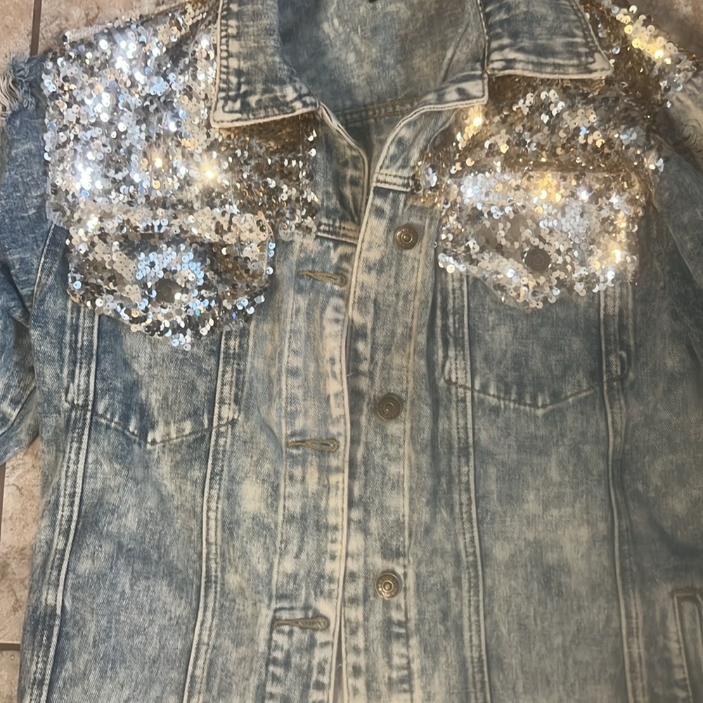 Denim Sequin Distressed Jacket - image 3